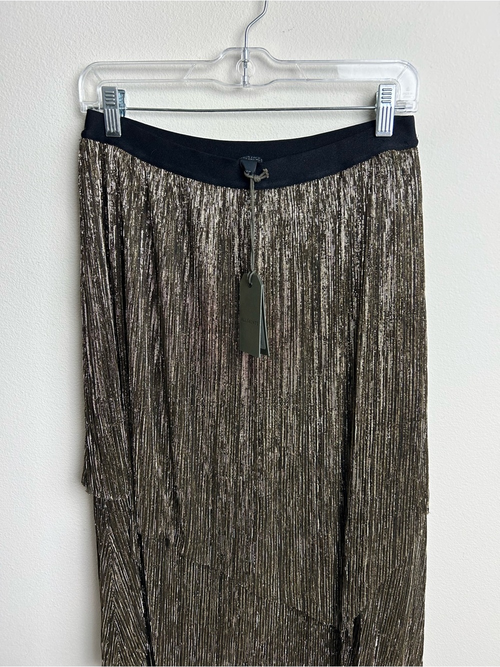 AllSaints NWT Veena Skirt Black Gold Metallic Asymmetric Midi Skirt Sz 8 - Picture 3 of 10